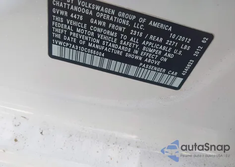 2013 Volkswagen Passat 2.5L Sel z USA, uszkodzony, nr VIN 1VWCP7A31DC055004